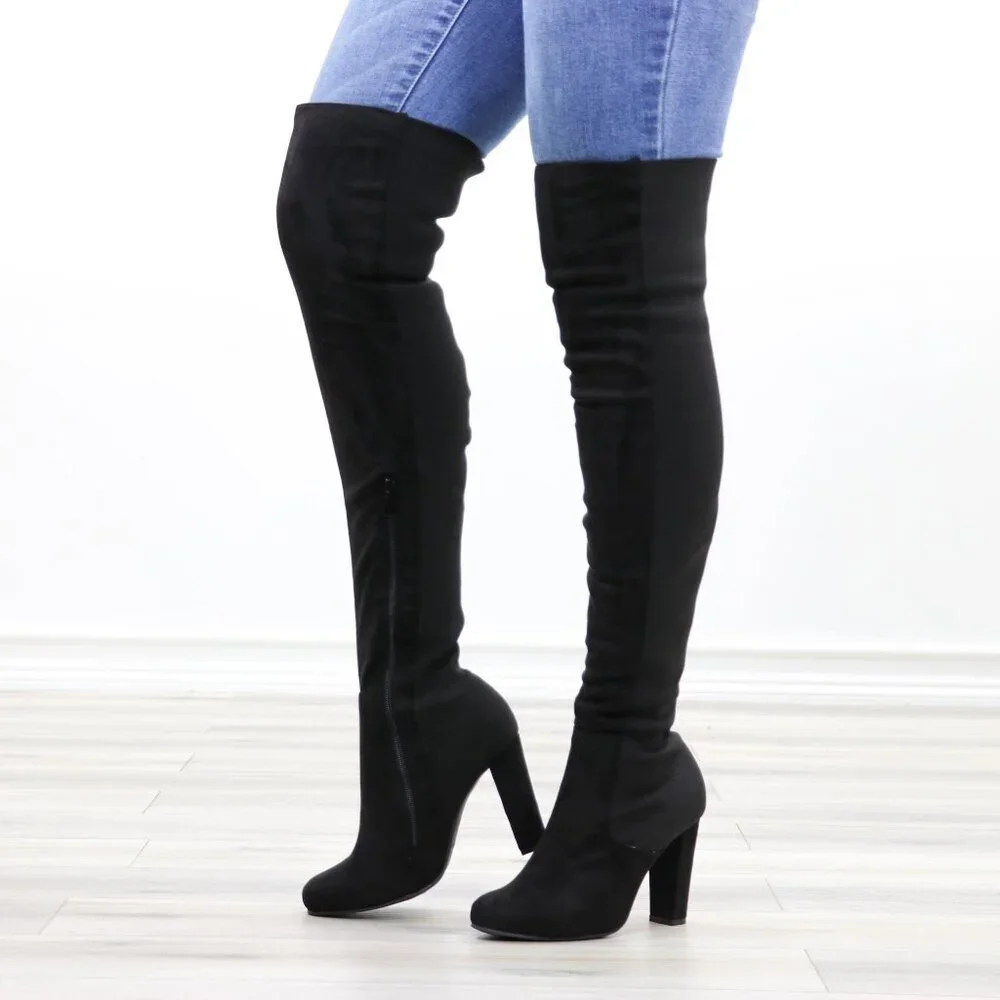 Black Over-the-Knee Boots Pointed Toe Faux Suede High Block Heel